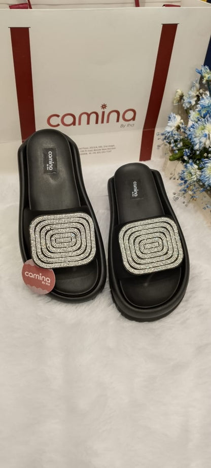 Hazel Black Platform Slides stone slip-on-A52