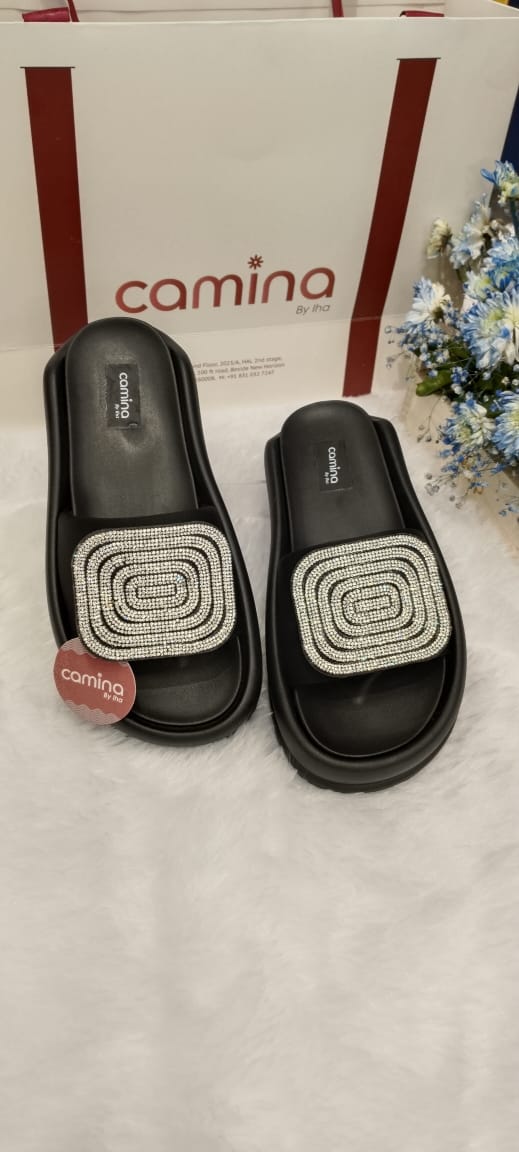 Hazel Black Platform Slides stone slip-on-A52