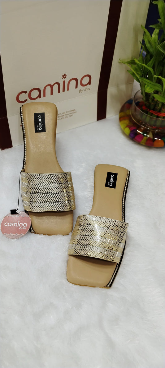 Radiant Gold Slide Sandals with Glossy Perforated Finish-A55