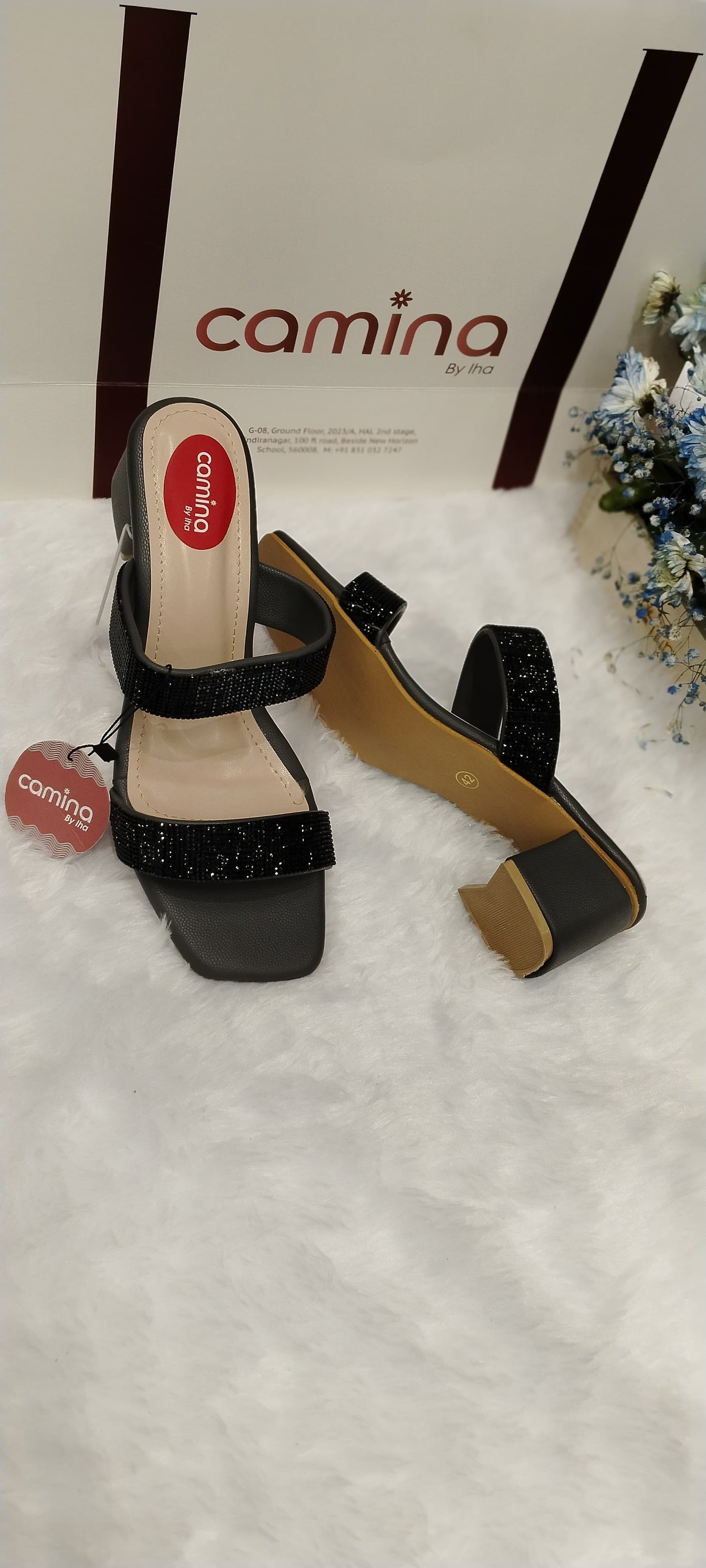 Elegant Glittery Block Heel Sandals with Double Strap Design and Square Toe-A10