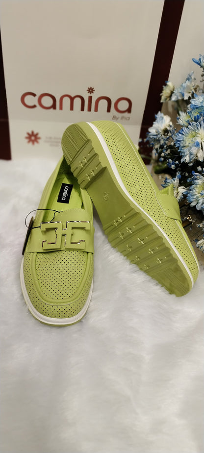 Stylish Perforated  Loafers with Elegant Gold Buckle Accents and Comfortable White-A45 Sole