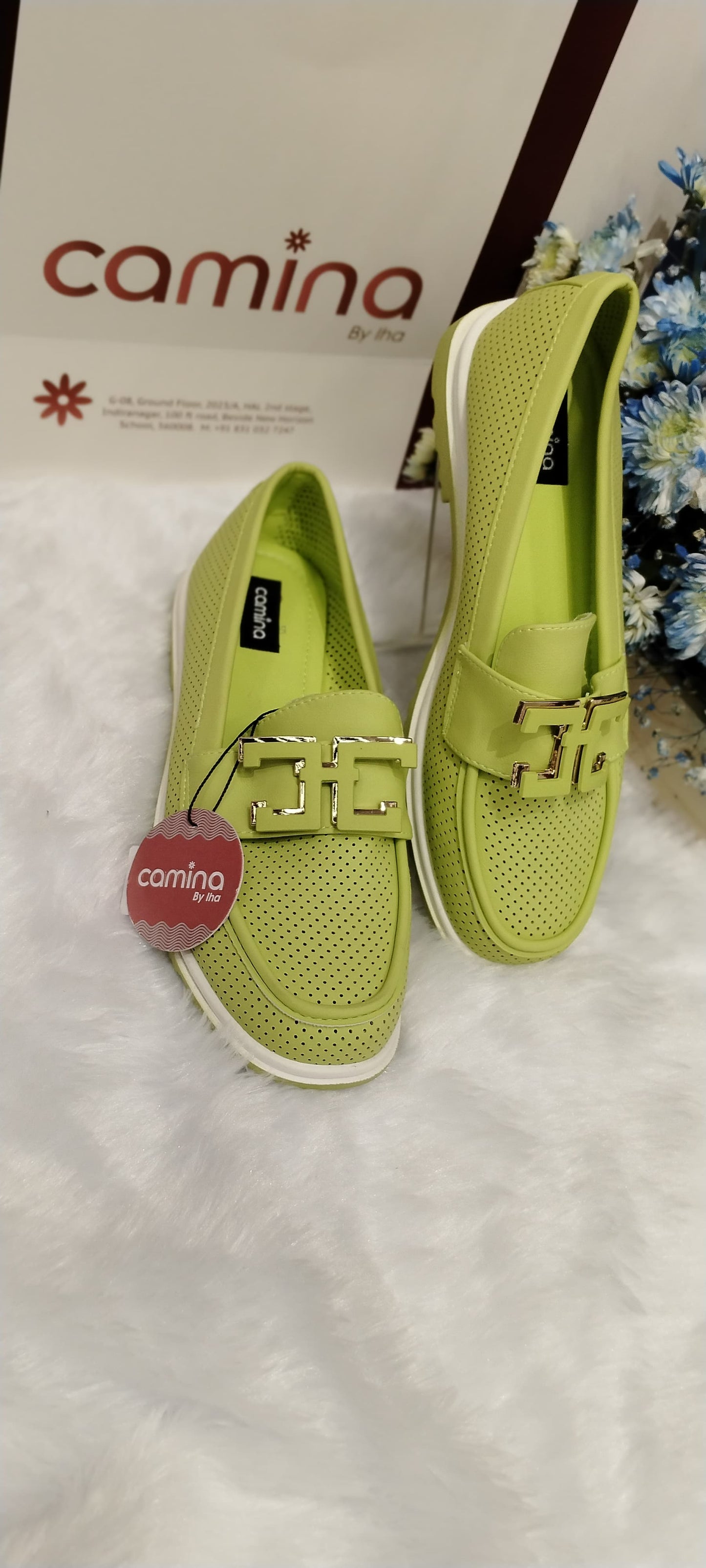 Stylish Perforated  Loafers with Elegant Gold Buckle Accents and Comfortable White-A45 Sole