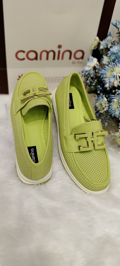 Stylish Perforated  Loafers with Elegant Gold Buckle Accents and Comfortable White-A45 Sole
