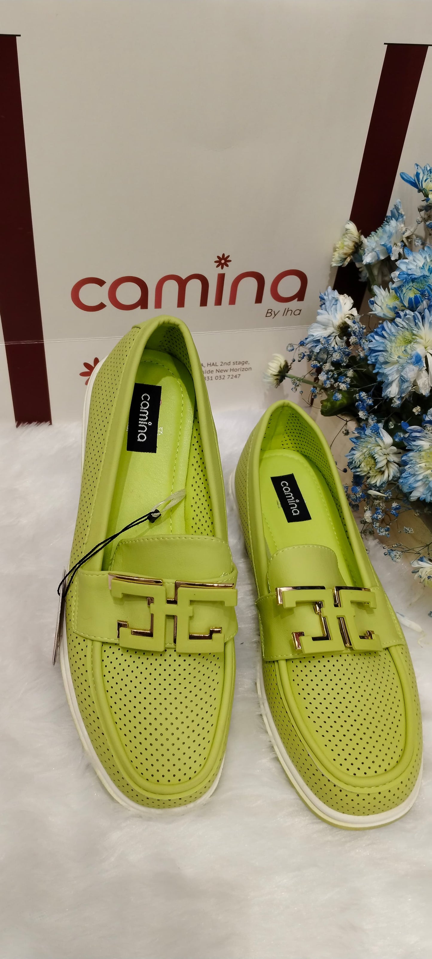 Stylish Perforated  Loafers with Elegant Gold Buckle Accents and Comfortable White-A45 Sole