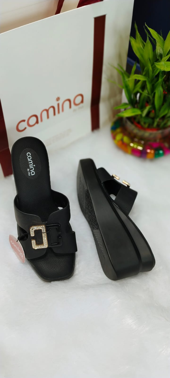 Luxe Black Slide Sandals with Rhinestone Buckle Detail-A47