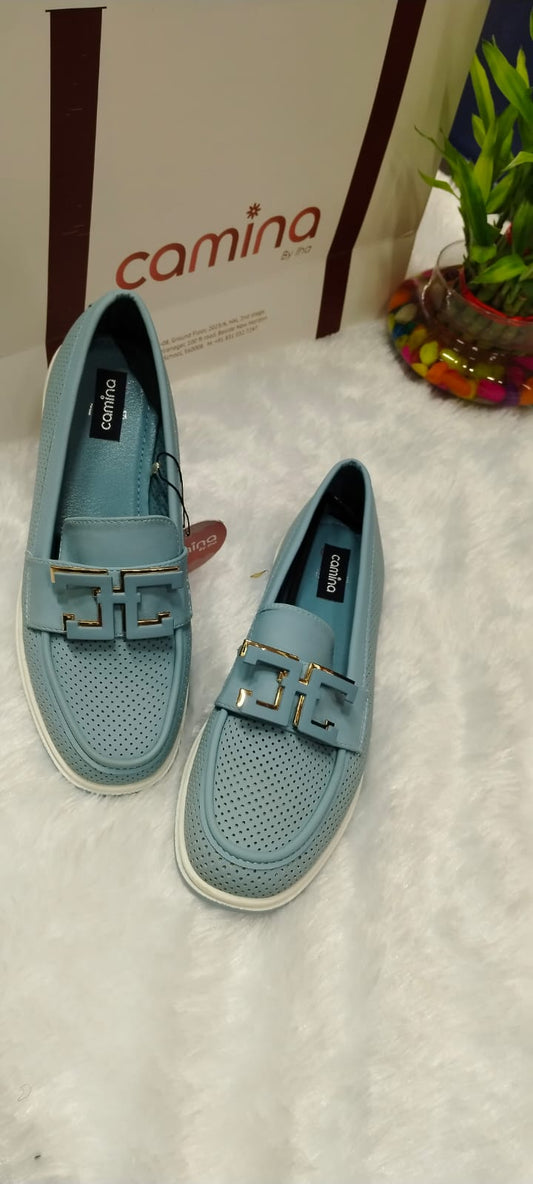 Stylish Perforated  Loafers with Elegant Gold Buckle Accents and Comfortable White-A45 Sole
