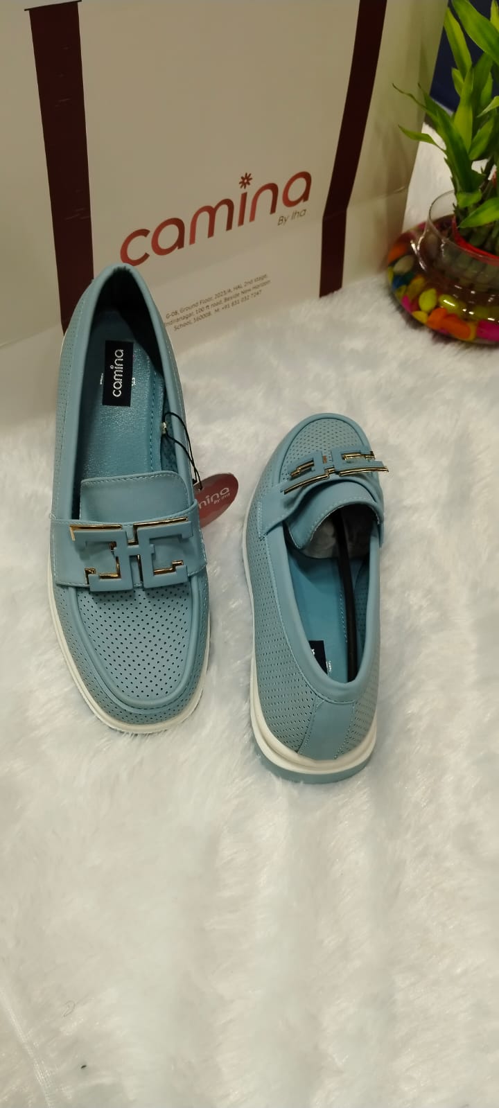 Stylish Perforated  Loafers with Elegant Gold Buckle Accents and Comfortable White-A45 Sole