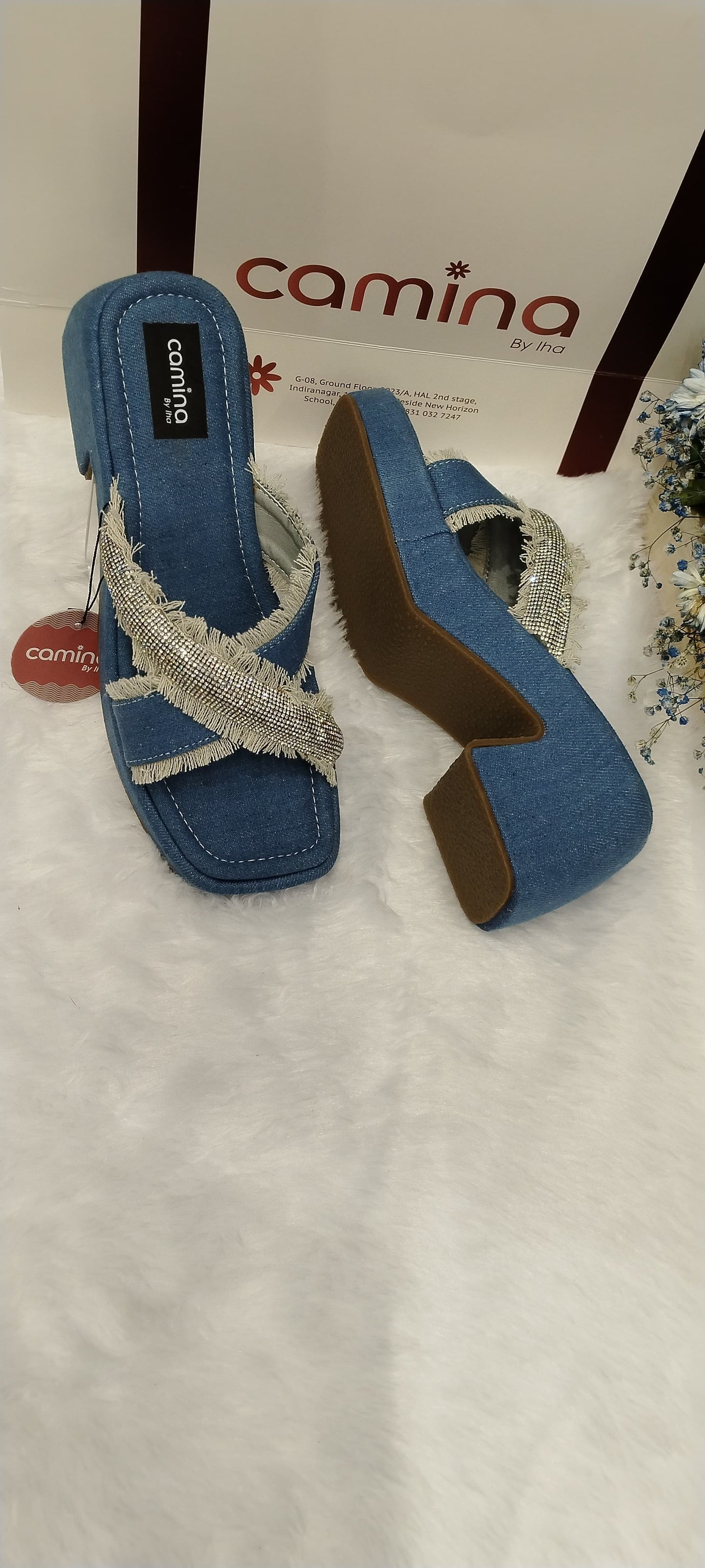 Denim Block Heel Open Back Sandals with Upper Cross strap Stone Design