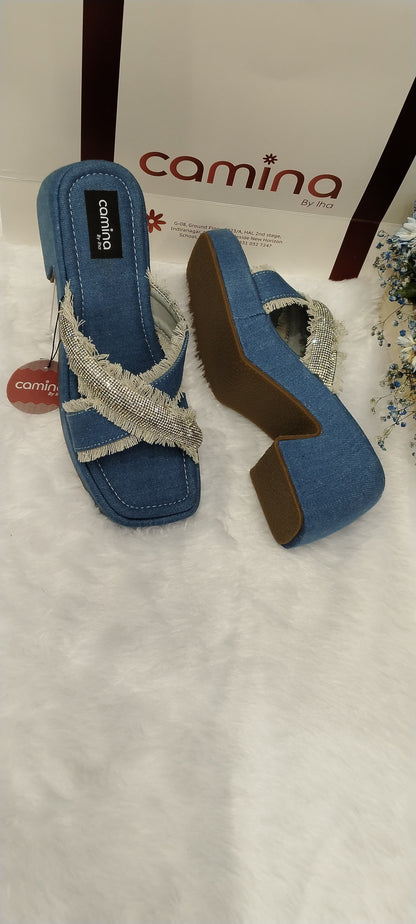 Denim Block Heel Open Back Sandals with Upper Cross strap Stone Design
