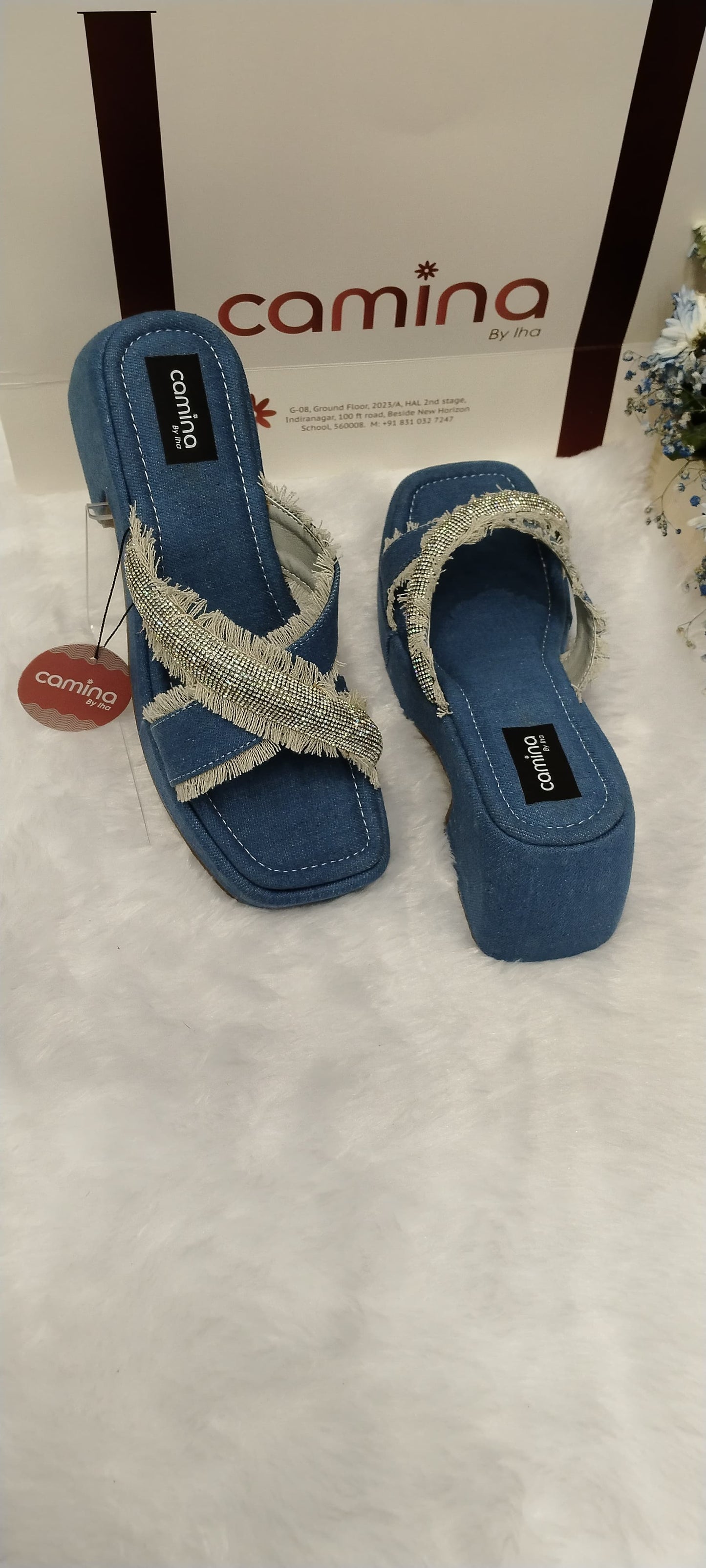 Denim Block Heel Open Back Sandals with Upper Cross strap Stone Design
