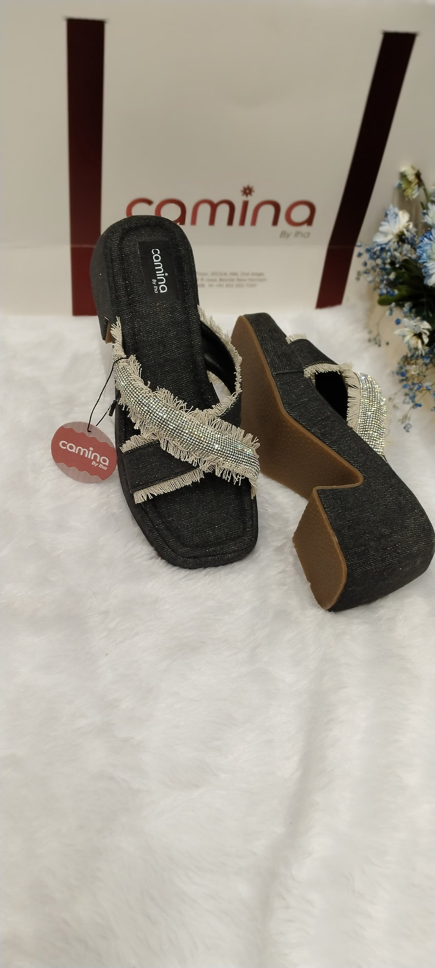Denim Block Heel Open Back Sandals with Upper Cross strap Stone Design