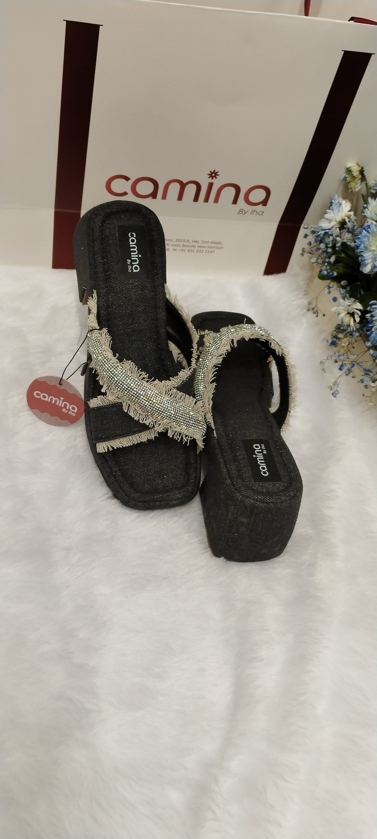 Denim Block Heel Open Back Sandals with Upper Cross strap Stone Design