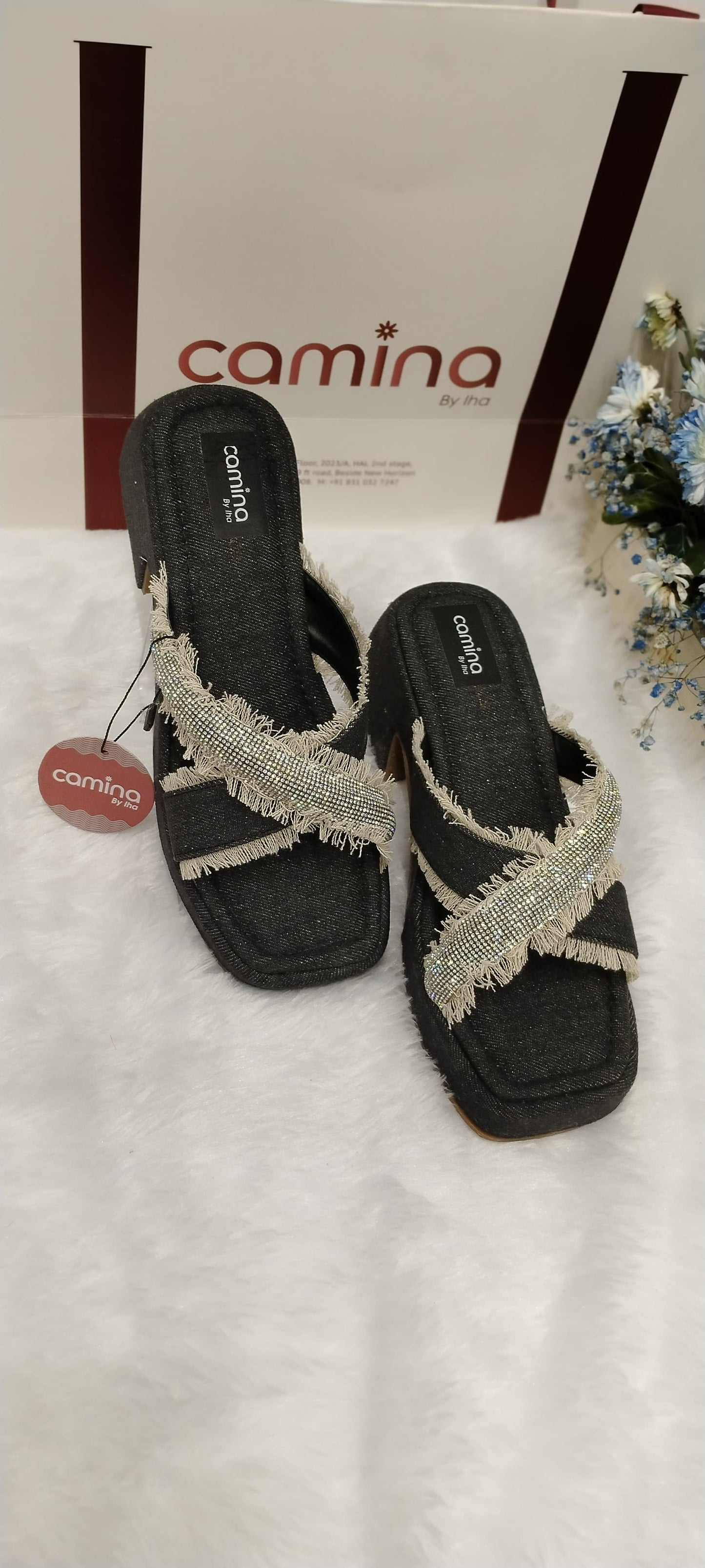 Denim Block Heel Open Back Sandals with Upper Cross strap Stone Design