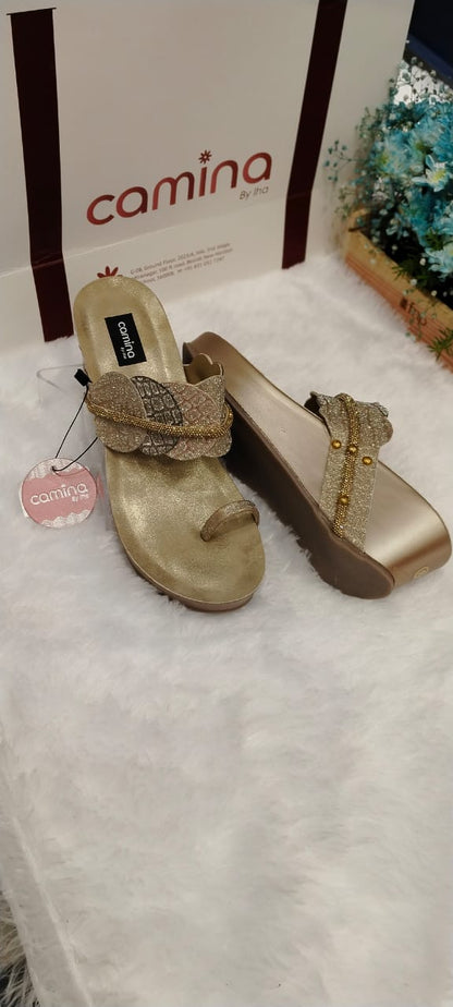 Gold Ethnic Wedge Sandals with Embellished Leaf Design – Festive & Stylish