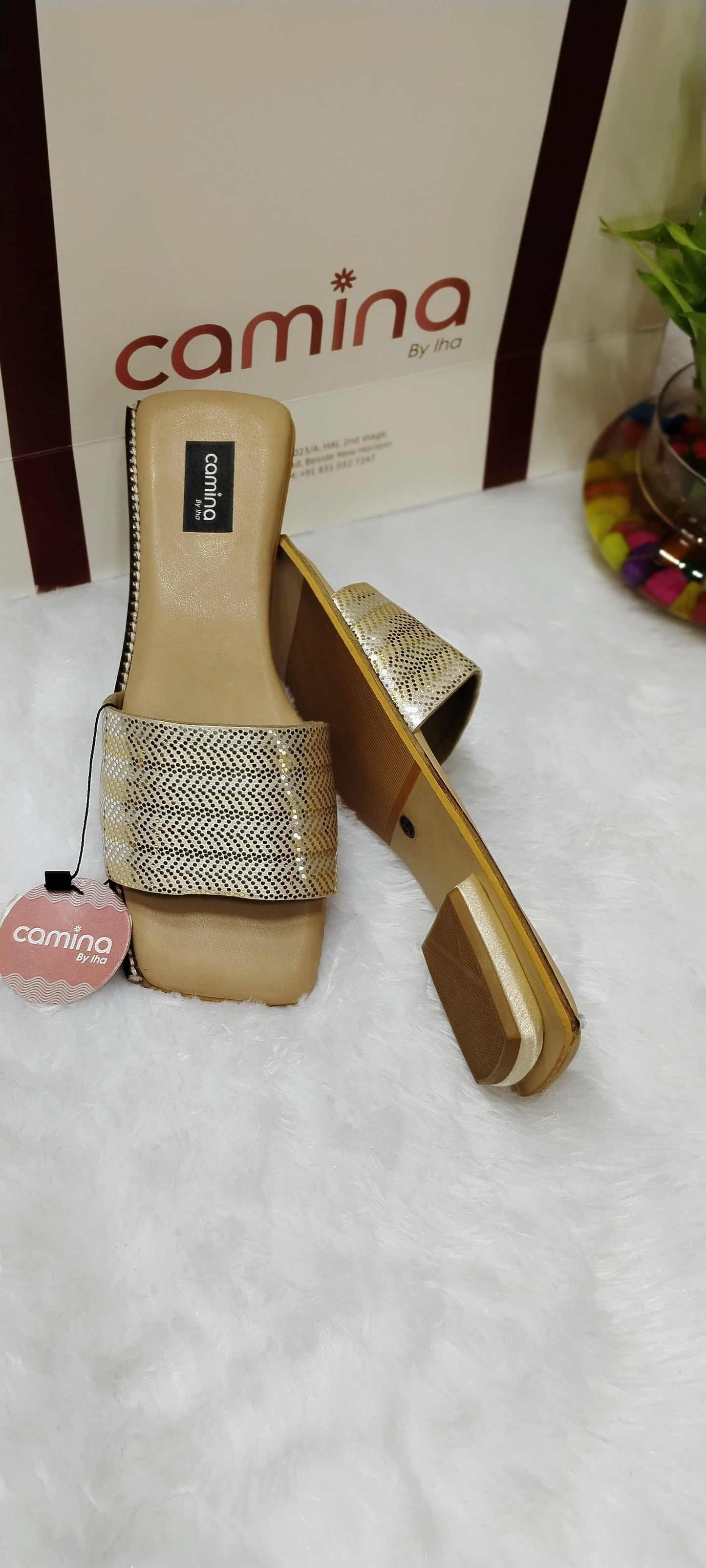 Radiant Gold Slide Sandals with Glossy Perforated Finish-A55