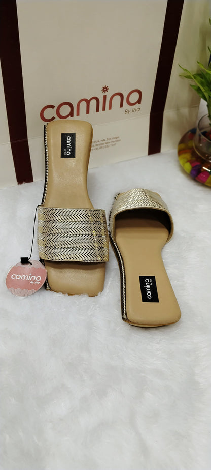 Radiant Gold Slide Sandals with Glossy Perforated Finish-A55