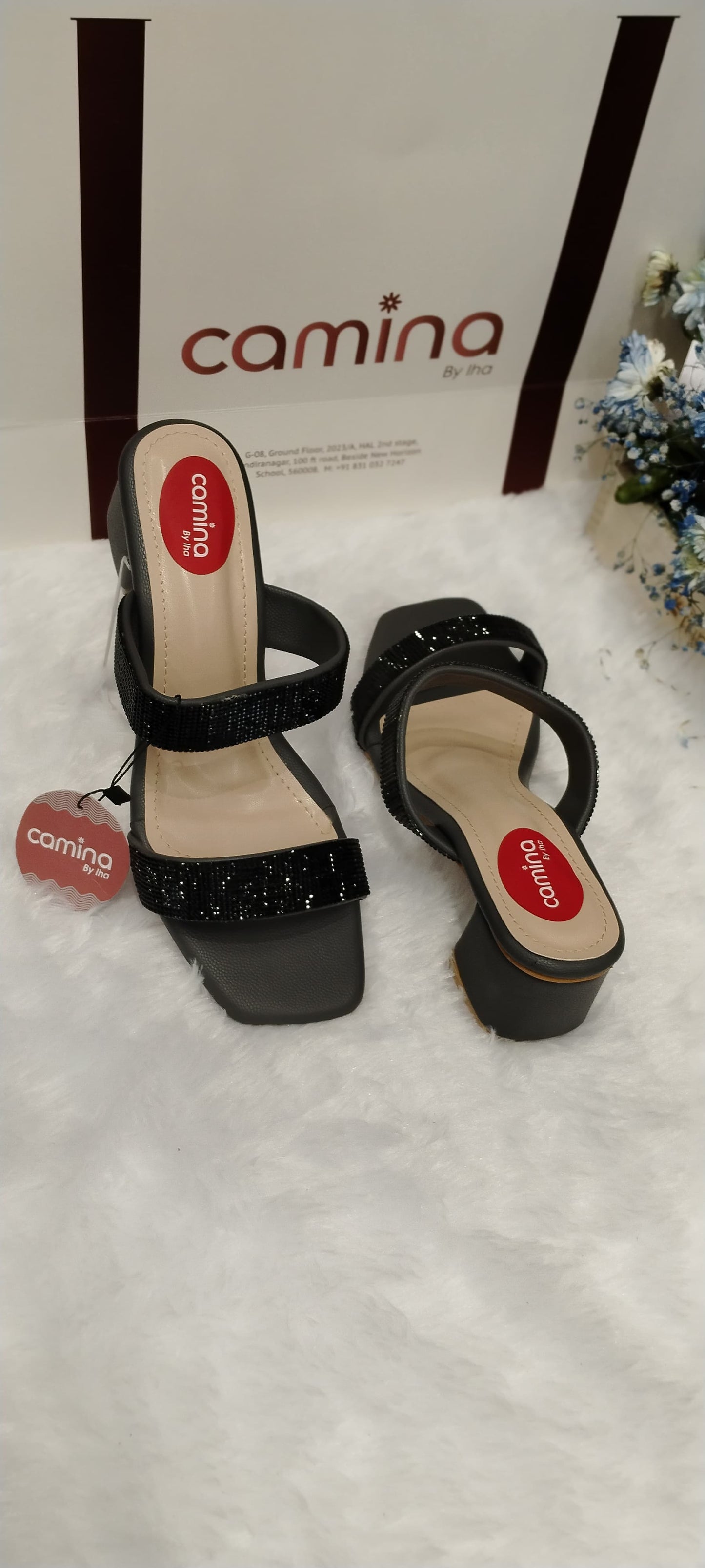 Elegant Glittery Block Heel Sandals with Double Strap Design and Square Toe-A10