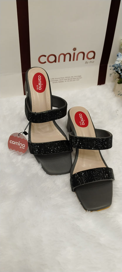 Elegant Glittery Block Heel Sandals with Double Strap Design and Square Toe-A10