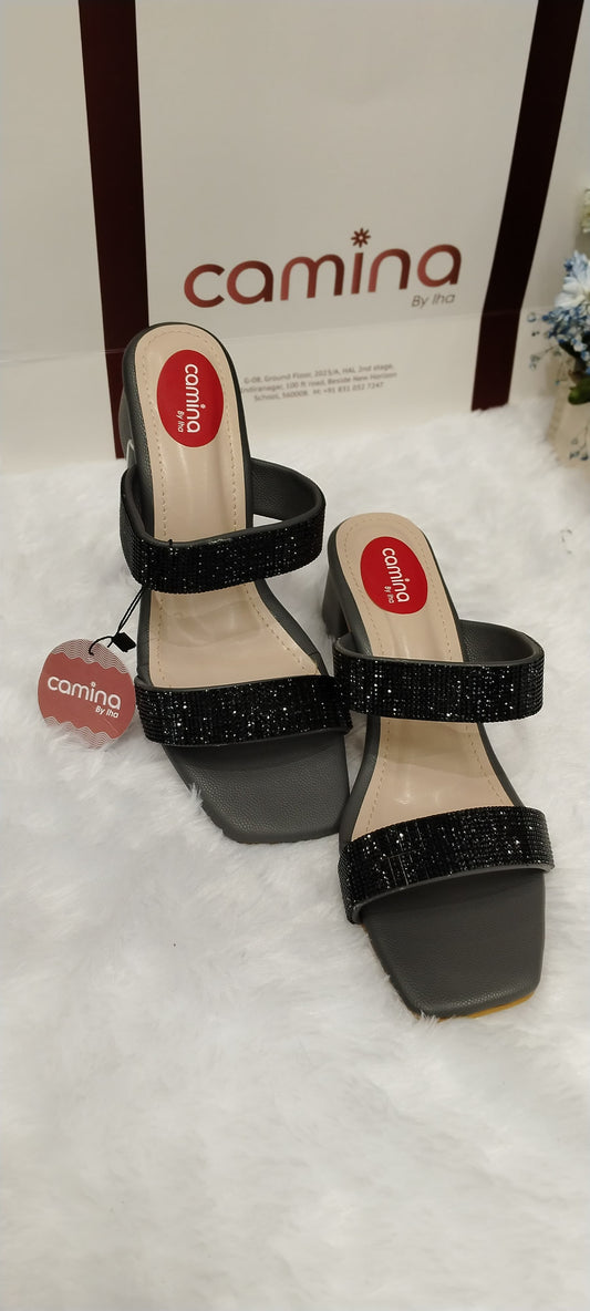 Elegant Glittery Block Heel Sandals with Double Strap Design and Square Toe-A10