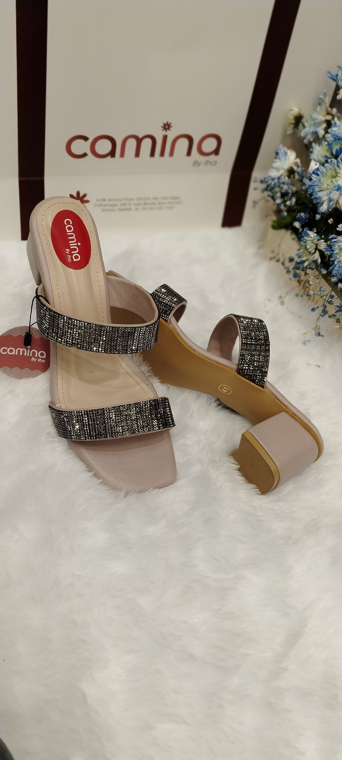 Elegant Glittery Block Heel Sandals with Double Strap Design and Square Toe-A10