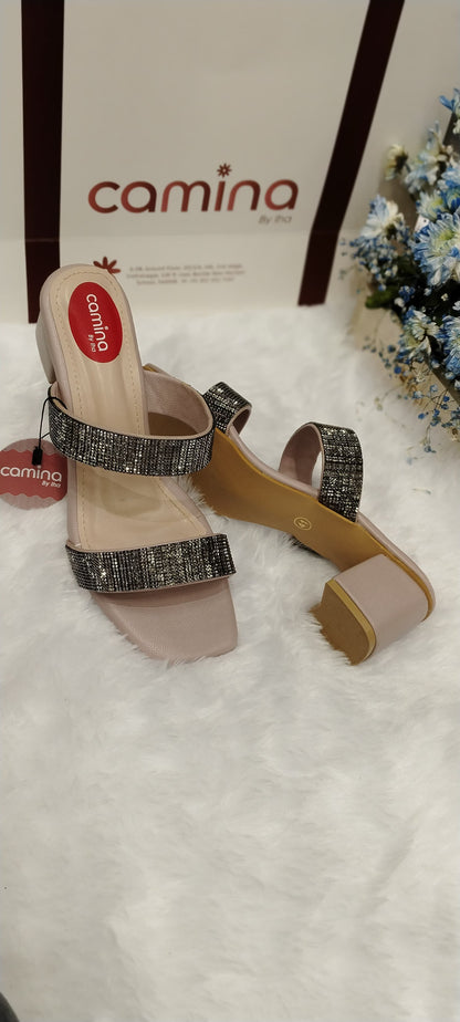 Elegant Glittery Block Heel Sandals with Double Strap Design and Square Toe-A10