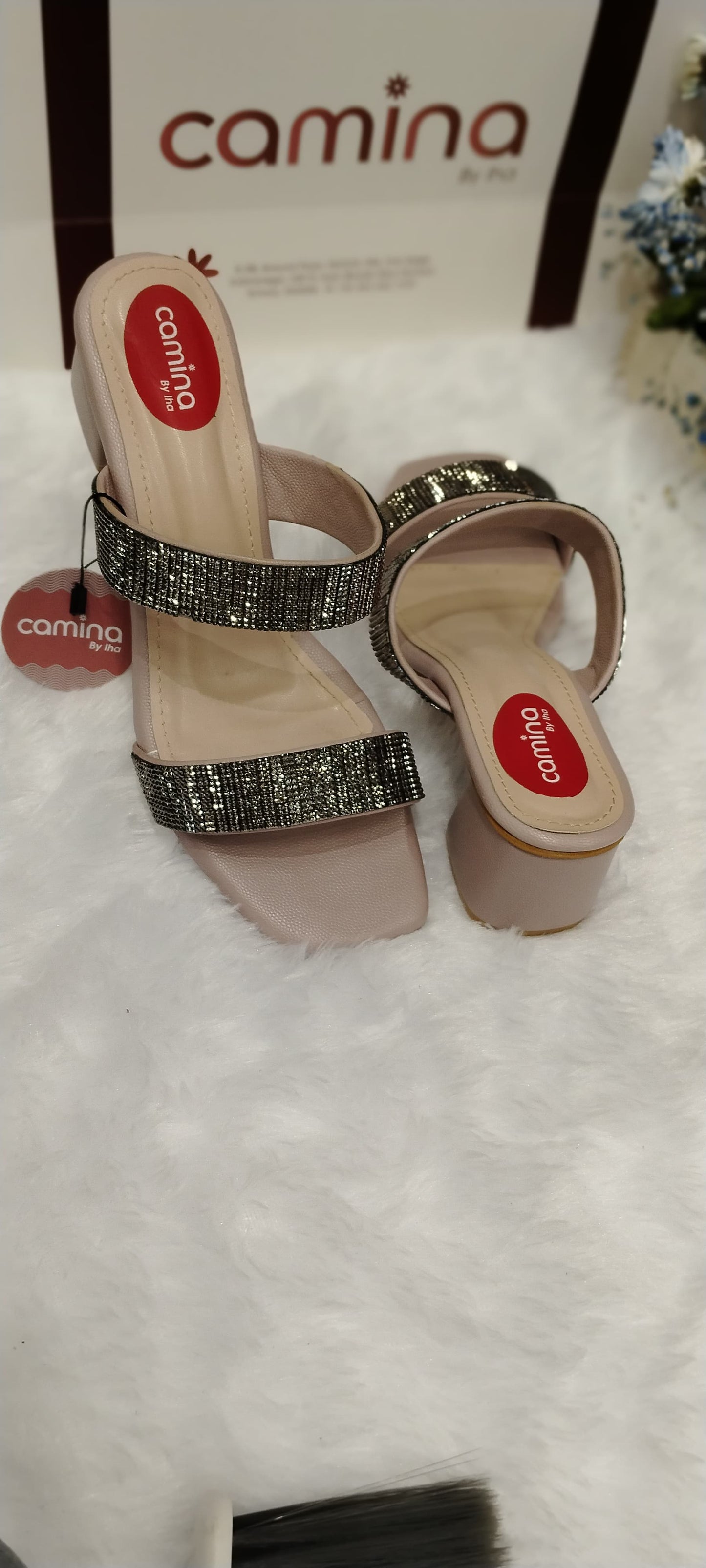 Elegant Glittery Block Heel Sandals with Double Strap Design and Square Toe-A10