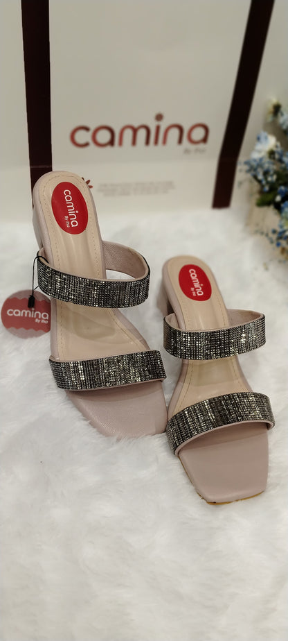 Elegant Glittery Block Heel Sandals with Double Strap Design and Square Toe-A10