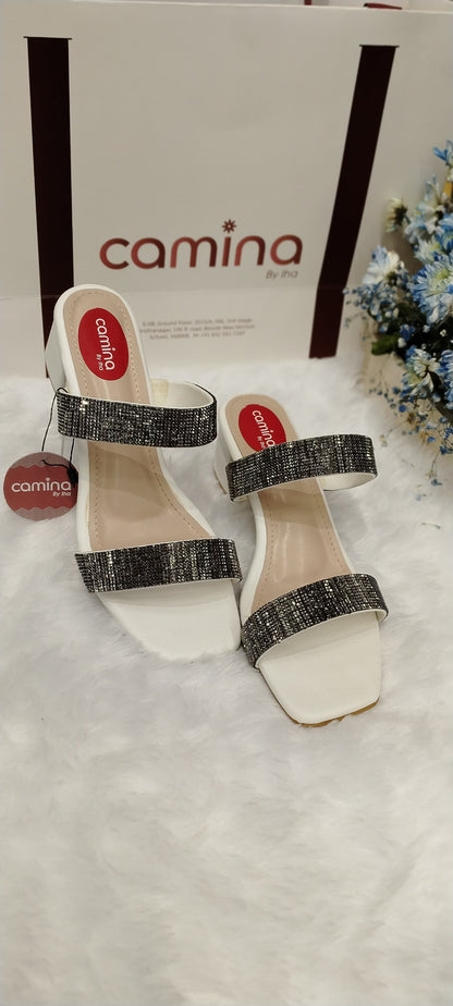 Elegant Glittery Block Heel Sandals with Double Strap Design and Square Toe-A10