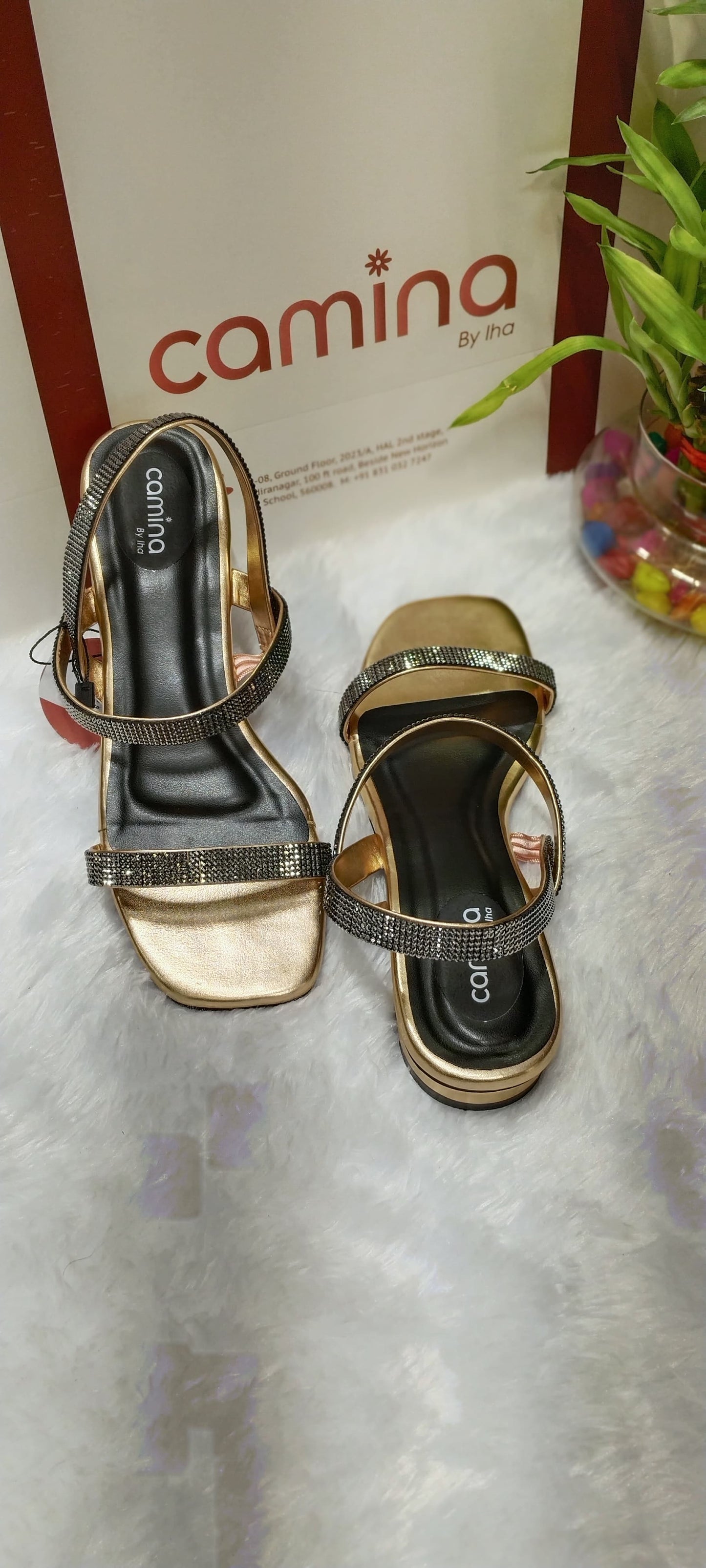 Glam Sparkle Slingback Sandals - Gold Metallic with Crystal Straps-A83