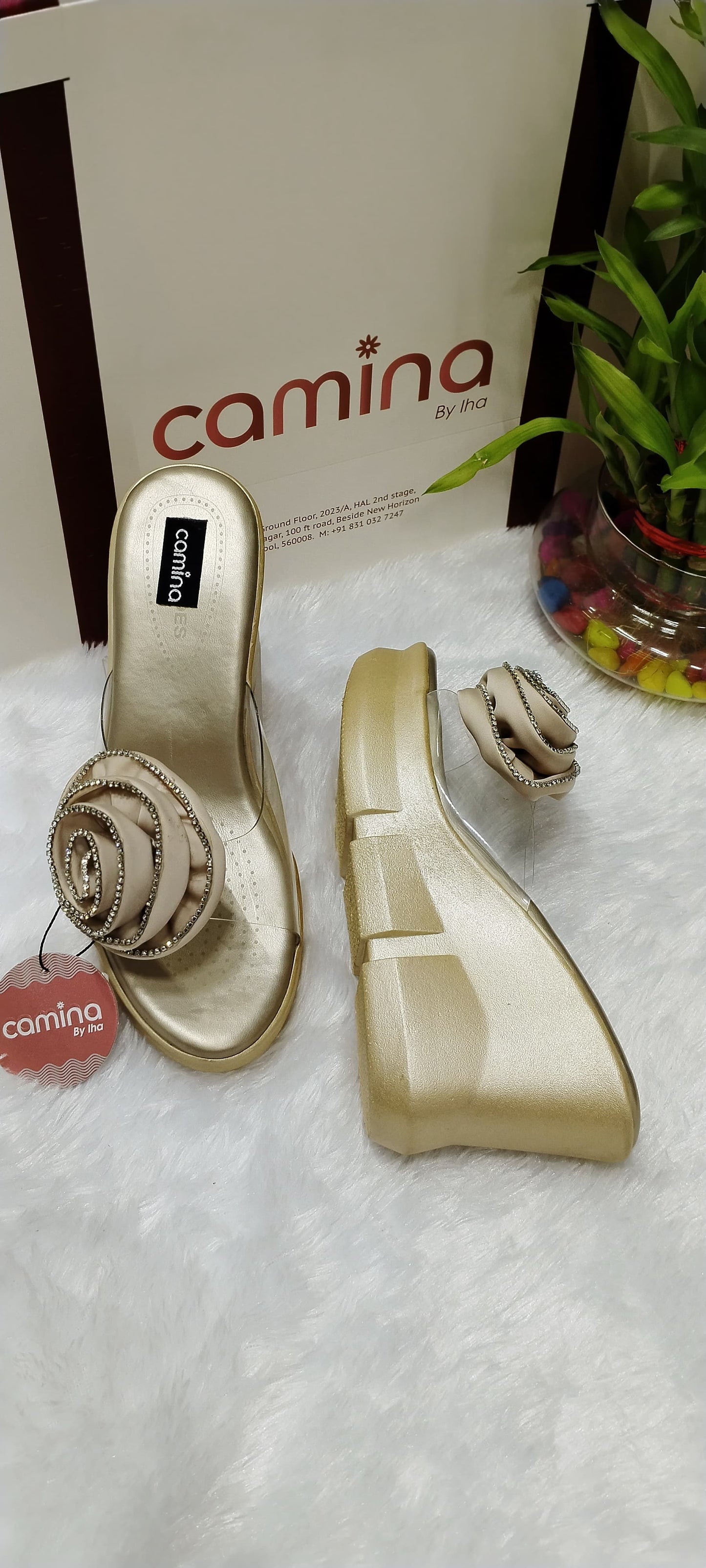 Gold Rose Embellished Wedge Sandals-A88