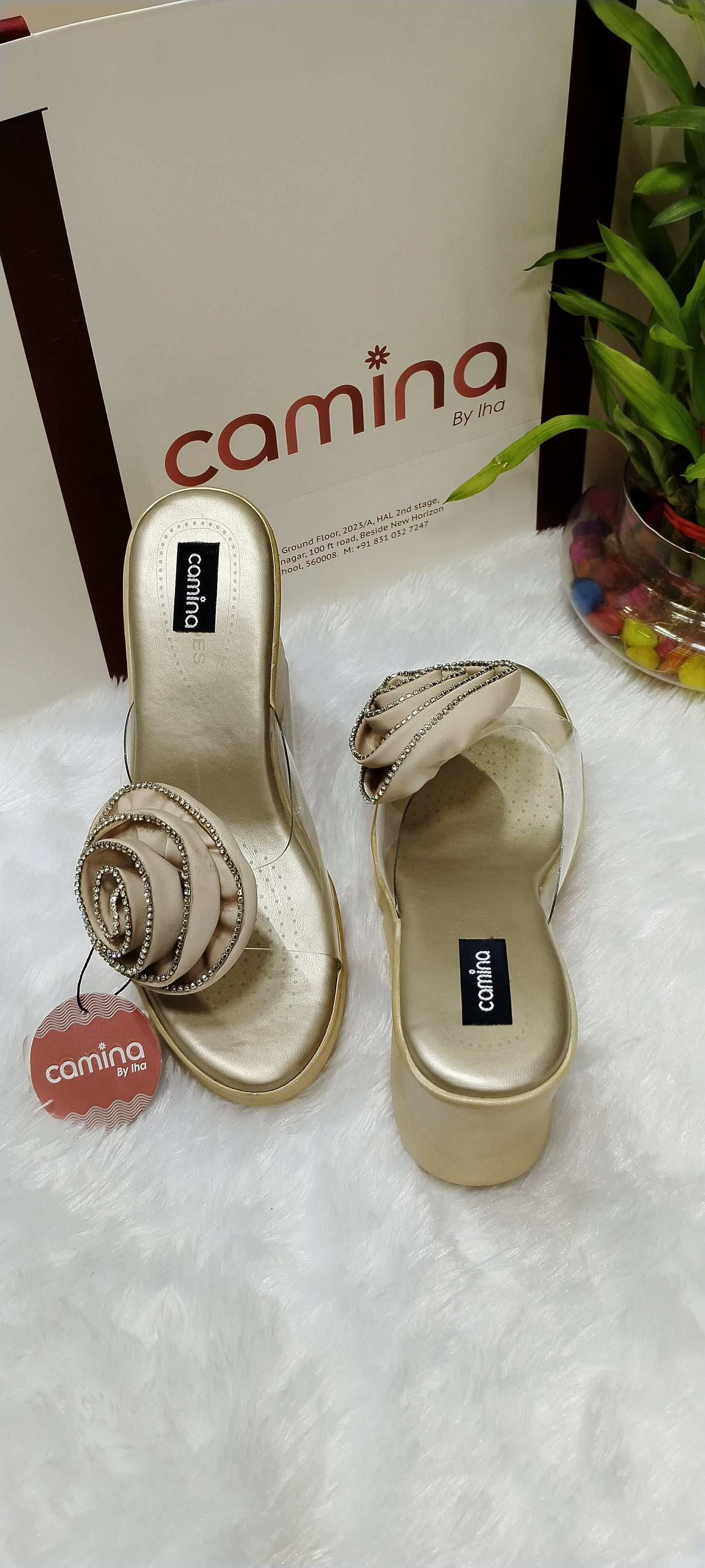 Gold Rose Embellished Wedge Sandals-A88