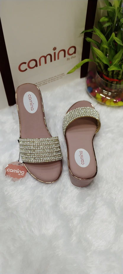 Beaded Strap Wedge Sandals - Rose Gold