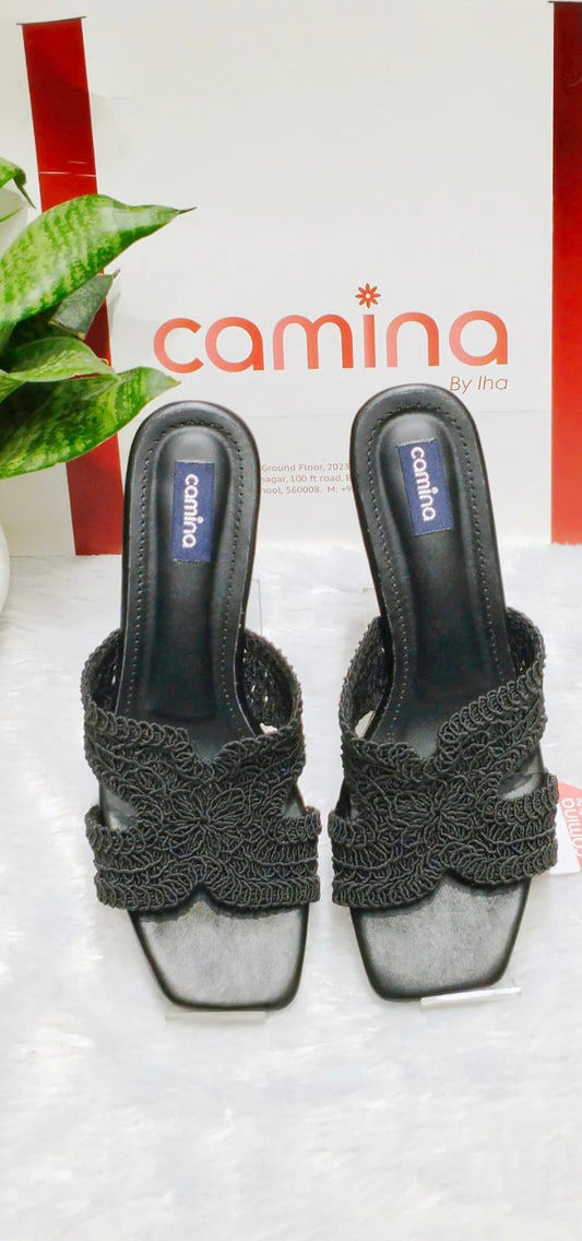 Elegant Black Handcrafted Crochet Strap Heels with Square Toe & Cushioned Comfort  A181