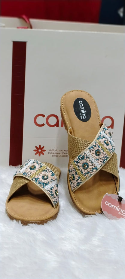 Frida Beige Embroidered Flat Sandal A192